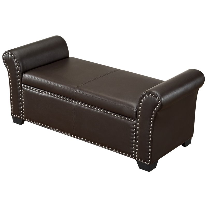 Posh Living Ashley Faux Leather Storage Bench with Nail Head Trim in Espresso