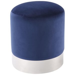 Posh Living Jason Velvet Round Ottoman with Metal Base in Blue/Chrome