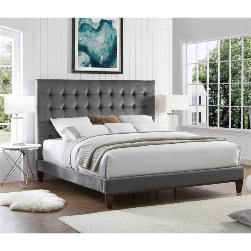 Posh Living Blake Button-Tufted Velvet Queen Bed Frame in Gray