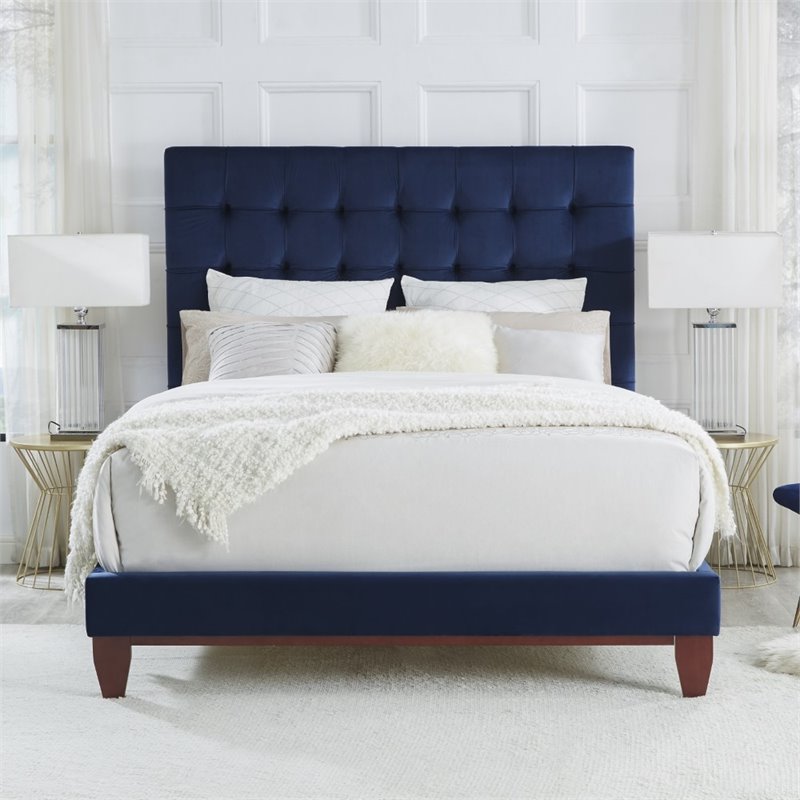 Posh Living Blake Button-Tufted Velvet Platform King Bed Frame in Blue
