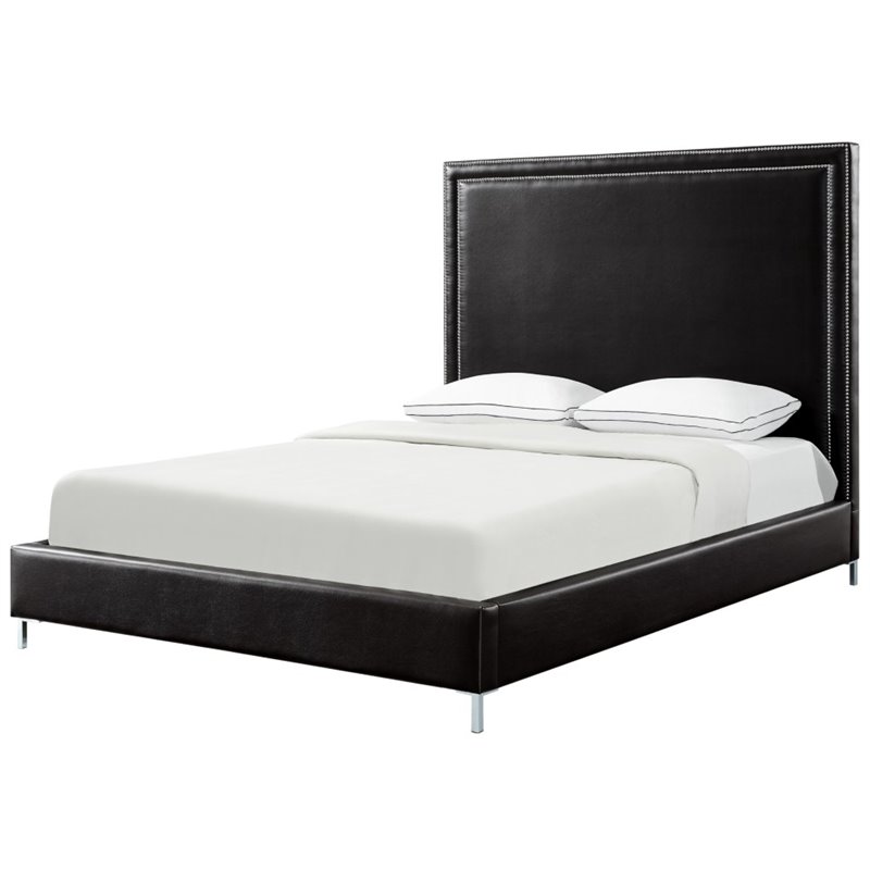 Posh Living Tristan Leather Platform King Bed Frame with Nailhead in Black