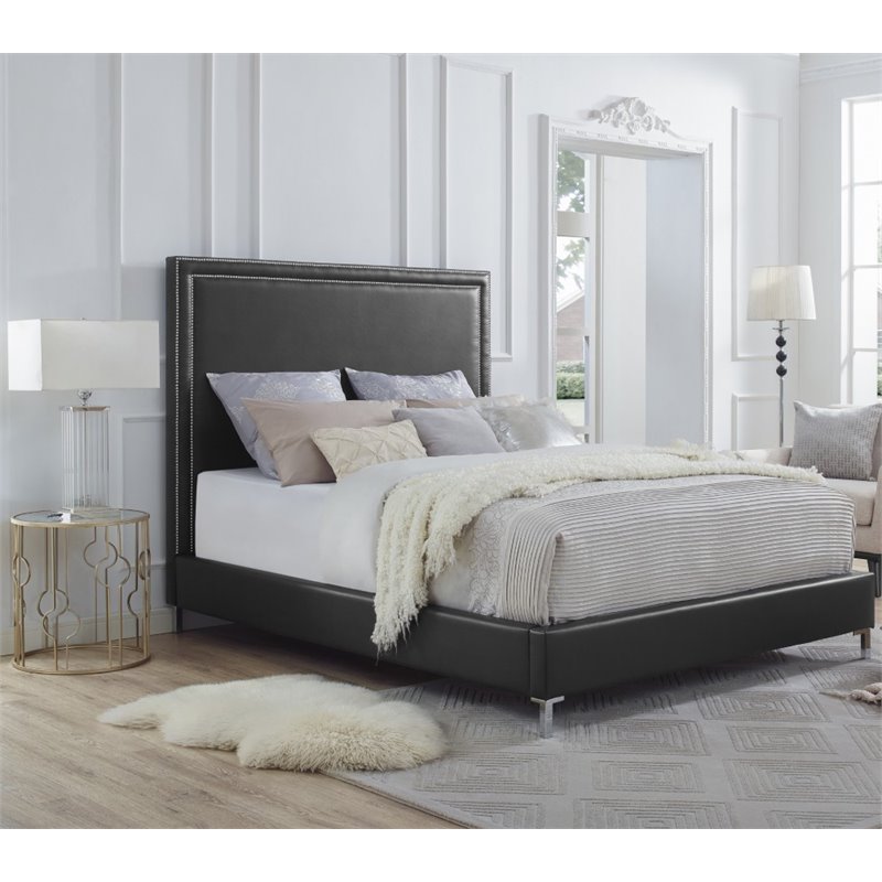 Posh Living Tristan Leather Platform Queen Bed Frame with Nailhead in Black