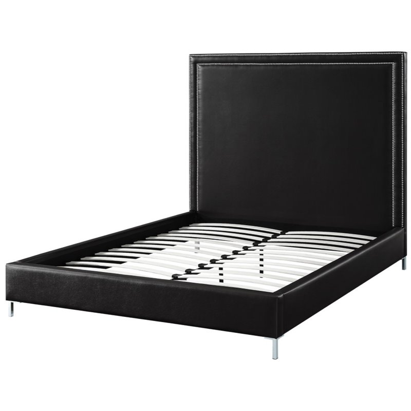 Posh Living Tristan Leather Platform Queen Bed Frame with Nailhead in Black