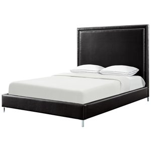 Posh Living Tristan Leather Platform Queen Bed Frame with Nailhead in Black