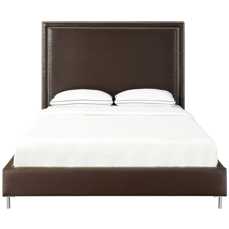 Posh Living Tristan Leather Platform Queen Bed Frame with Nailhead in Espresso