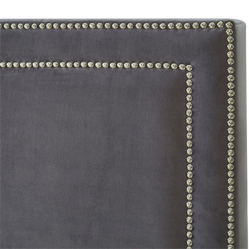 Posh Living Tristan Tufted Velvet Platform King Bed Frame with Nailhead in Gray