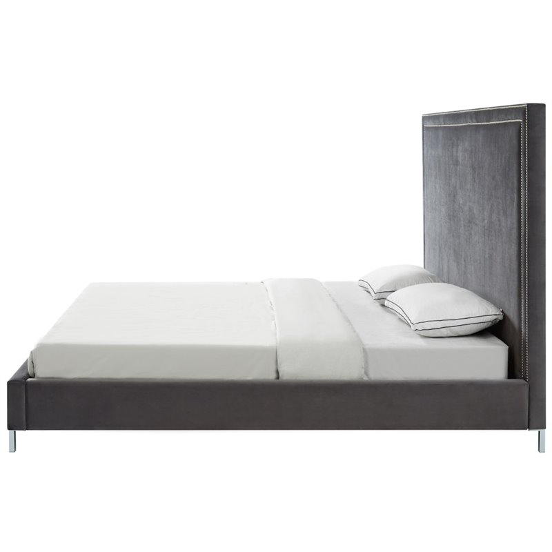 Posh Living Tristan Velvet Platform Queen Bed Frame with Nailhead in Gray