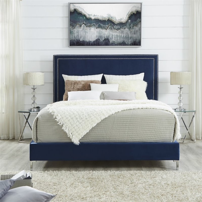 Posh Living Tristan Tufted Velvet Platform King Bed Frame with Nailhead in Blue