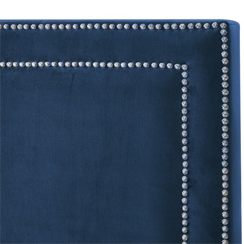 Posh Living Tristan Velvet Platform Queen Bed Frame with Nailhead in Blue