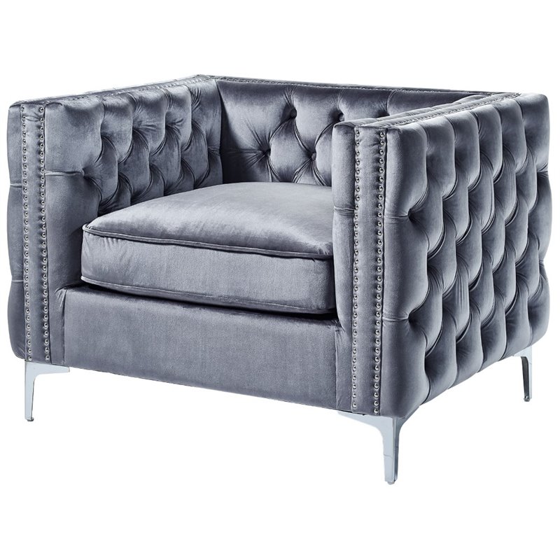 Posh Living Levi Button Tufted Velvet Accent Chair in Gray