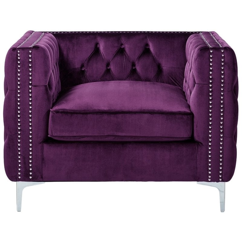 Posh Living Levi Button Tufted Velvet Accent Chair in Purple