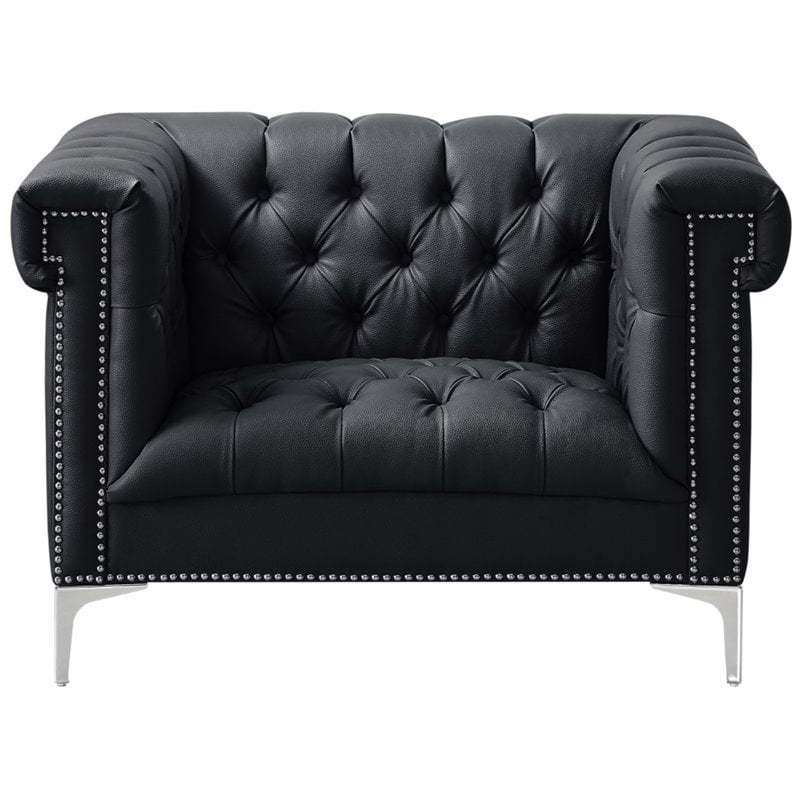 Posh Living Ryder Button Tufted Leather Chesterfield Accent Chair - Black/Chrome