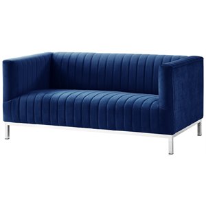Posh Living Hayden Velvet Tuxedo Loveseat with Y-Metal Base in Navy Blue/Chrome