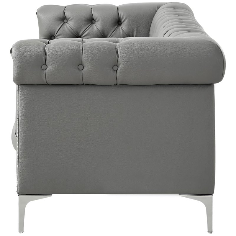 Posh Living Ryder Button Tufted Leather Chesterfield Sofa in Gray/Chrome