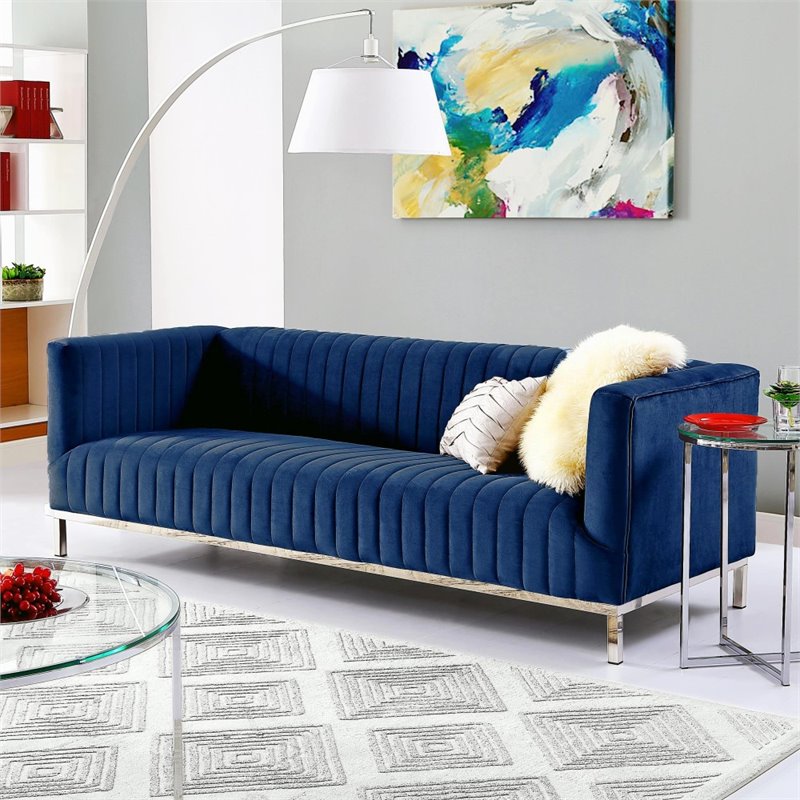 Posh Living Hayden Velvet Tuxedo Sofa with Y-Metal Base in Navy Blue/Chrome