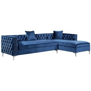 Posh Living Levi 115&quot Velvet Secitional Sofa with Right Facing Chaise in Blue