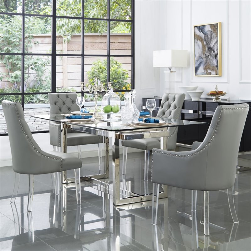 Posh Living Colton PU Leather  Acrylic Leg Dining Chair in Gray (Set of 2)