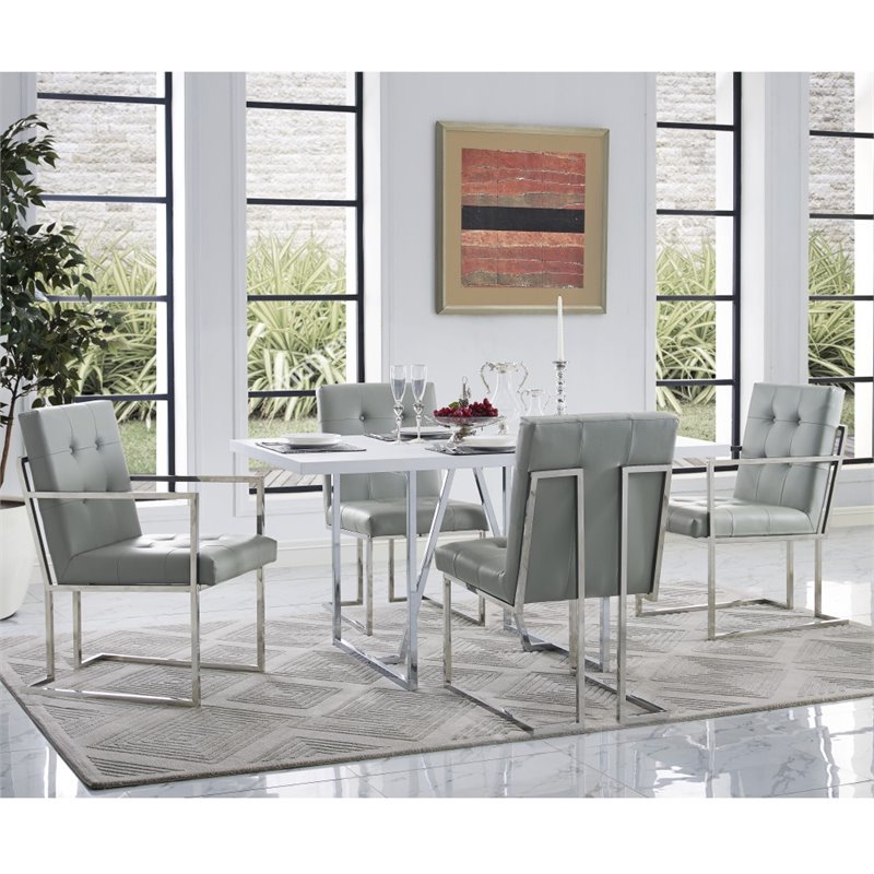 Posh Living Evan Tufted Faux Leather Dining Chair Light - Gray/Chrome (Set of 2)