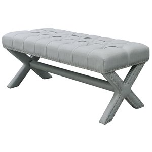 Posh Living Kennedy Tufted Linen Fabric Bench with Nailhead Trim in Light Gray