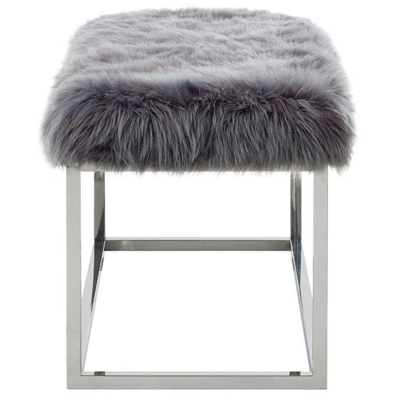 Posh Living Joseph Faux Fur Fabric Bench in Gray/Chrome