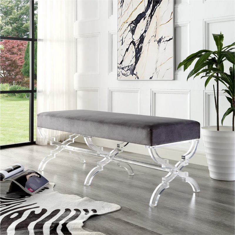 Posh Living Brayden Velvet Upholstered Bench with Acrylic X-Legs in Gray