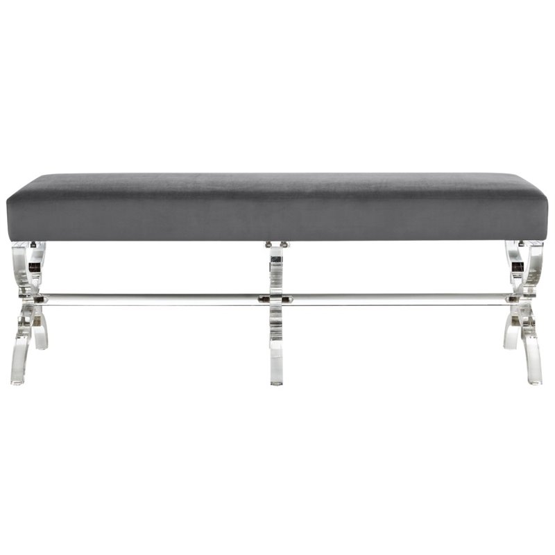 Posh Living Brayden Velvet Upholstered Bench with Acrylic X-Legs in Gray