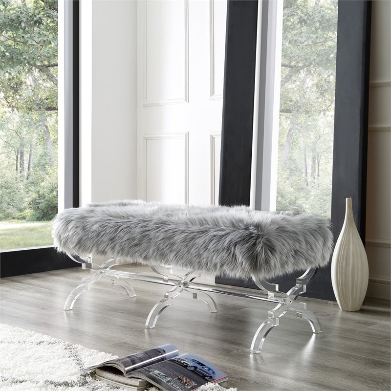 Posh Living Brayden Faux Fur Fabric Upholstered Bench with Acrylic X-Legs Gray