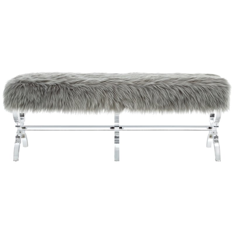 Posh Living Brayden Faux Fur Fabric Upholstered Bench with Acrylic X-Legs Gray