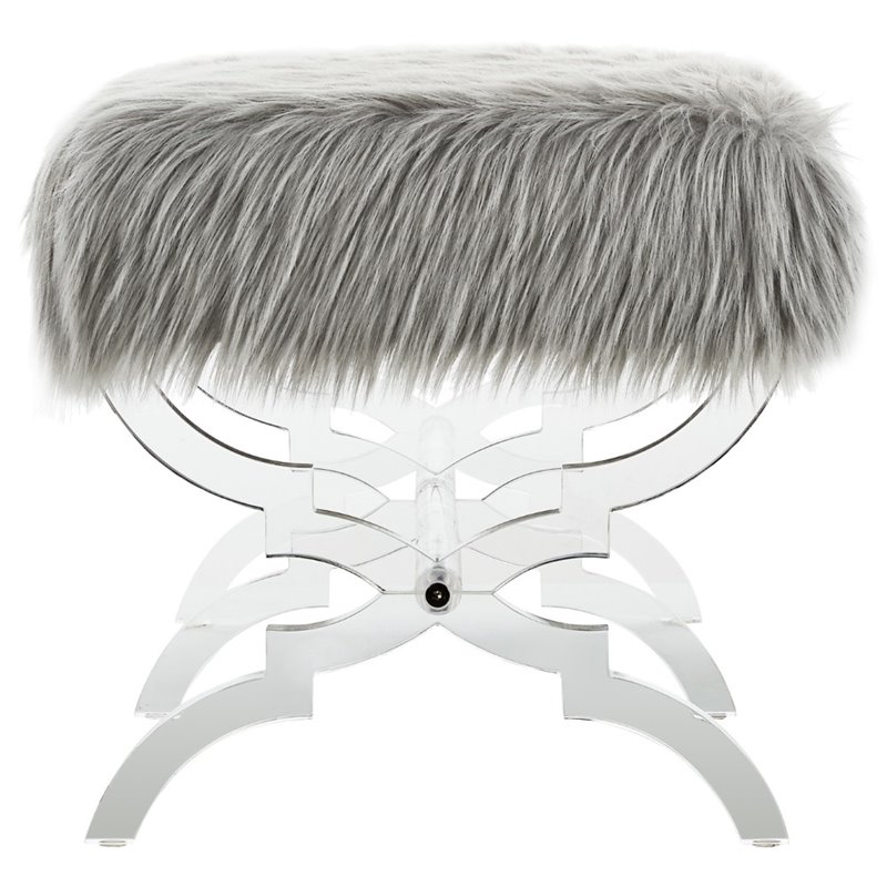 Posh Living Brayden Faux Fur Fabric Upholstered Bench with Acrylic X-Legs Gray