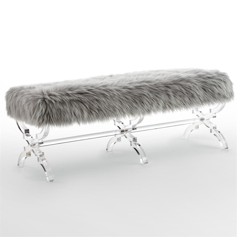 Posh Living Brayden Faux Fur Fabric Upholstered Bench with Acrylic X-Legs Gray