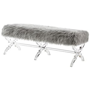 Posh Living Brayden Faux Fur Fabric Upholstered Bench with Acrylic X-Legs Gray
