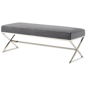 Posh Living Colin Velvet Upholstered Bench with Stainless Steel Legs Gray