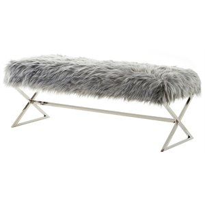 Posh Colin Fur Fabric Upholstered Bench with Stainless Steel Legs - Gray/Chrome