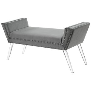 Posh Living Katherine Velvet Upholstered Bench with Acrylic Legs in Gray