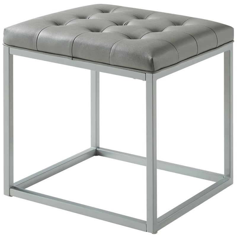 Posh Living Nolan Tufted Faux Leather Cube Ottoman with Metal Frame in Gray