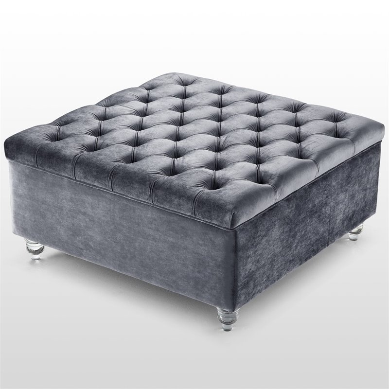 Posh Living Joshua Velvet Square Storage Ottoman with Lucite Legs in Gray