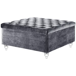 Posh Living Joshua Velvet Square Storage Ottoman with Lucite Legs in Gray