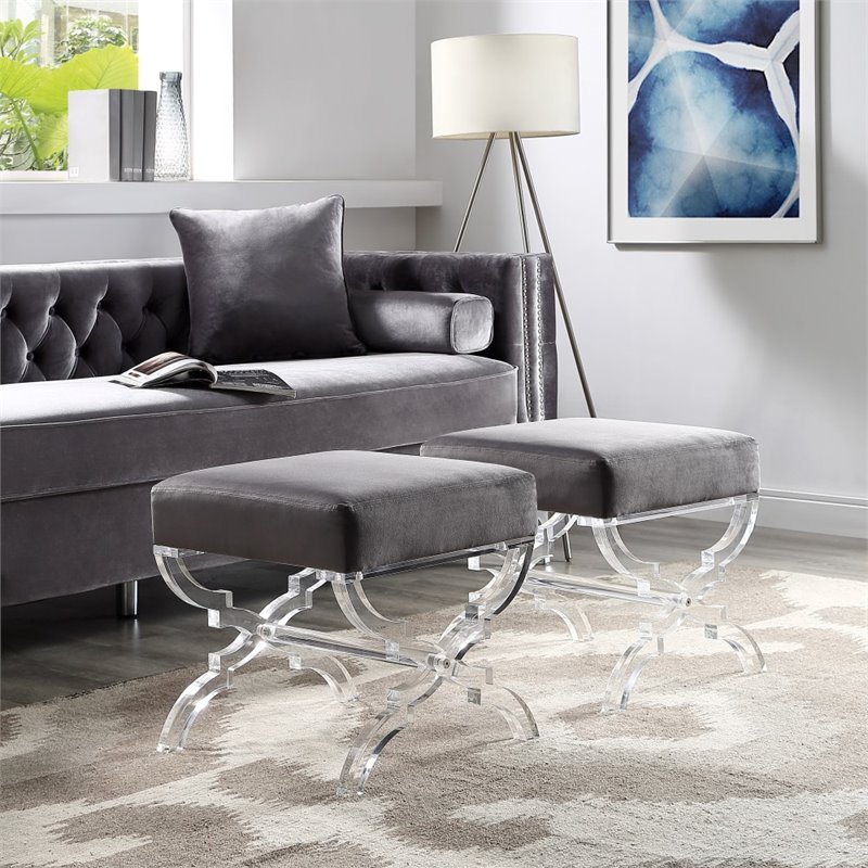 Posh Living Brayden Velvet Upholstered Ottoman with Acrylic X-Legs in Gray