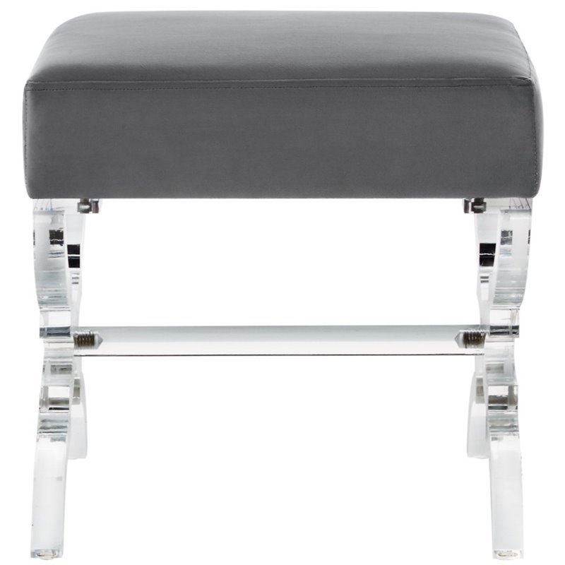 Posh Living Brayden Velvet Upholstered Ottoman with Acrylic X-Legs in Gray