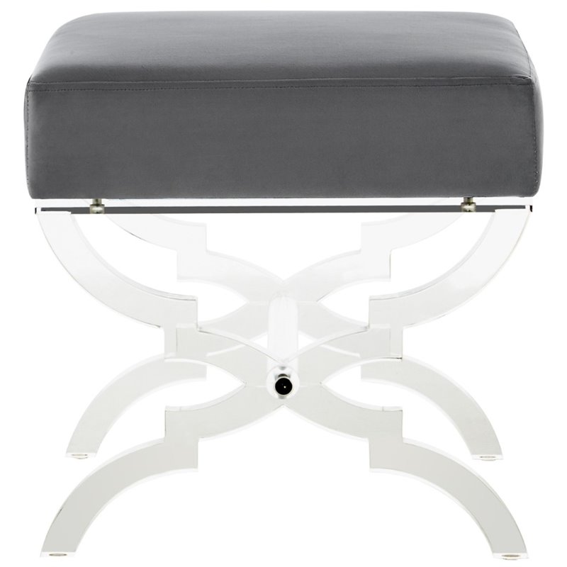 Posh Living Brayden Velvet Upholstered Ottoman with Acrylic X-Legs in Gray