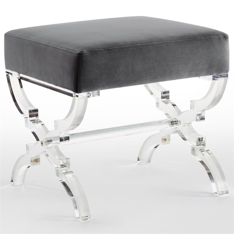 Posh Living Brayden Velvet Upholstered Ottoman with Acrylic X-Legs in Gray