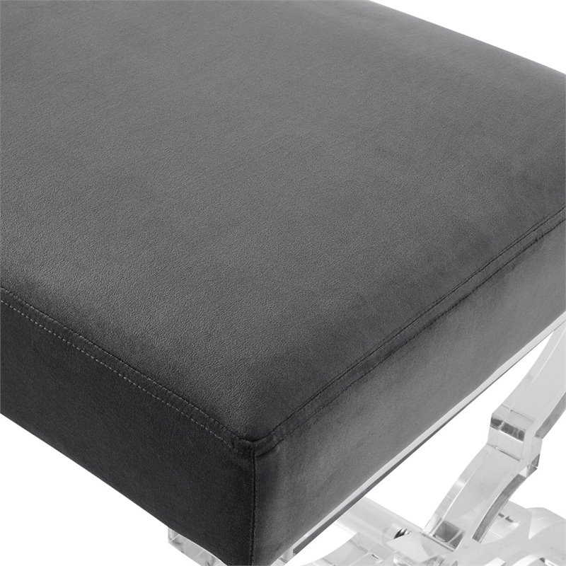 Posh Living Brayden Velvet Upholstered Ottoman with Acrylic X-Legs in Gray