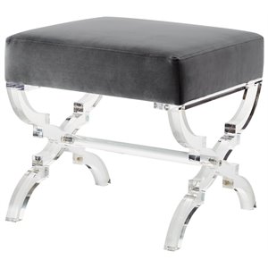 Posh Living Brayden Velvet Upholstered Ottoman with Acrylic X-Legs in Gray