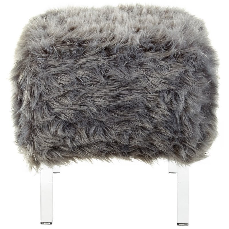 Posh Living Charlie Modern Faux Fur Fabric Ottoman with Acrylic Legs in Gray