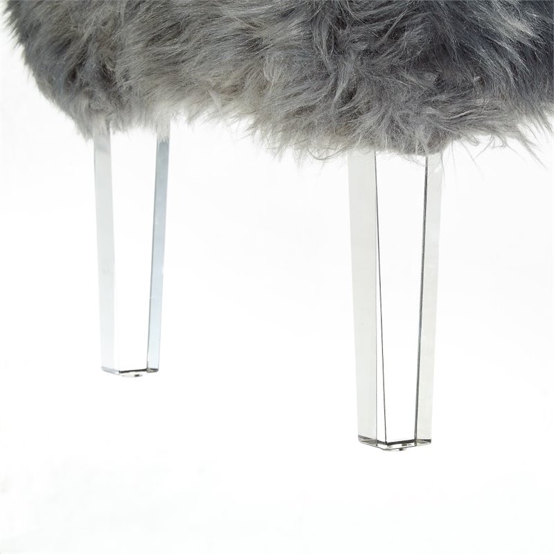 Posh Living Charlie Modern Faux Fur Fabric Ottoman with Acrylic Legs in Gray