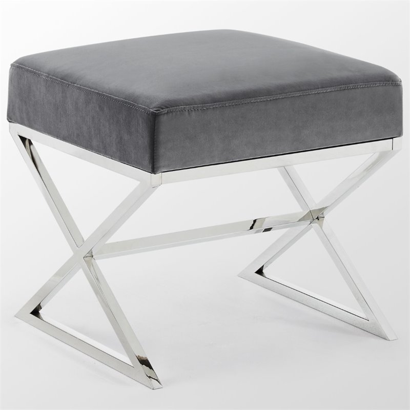 Posh Living Colin Velvet and Stainless Steel Base Ottoman in Gray/Chrome