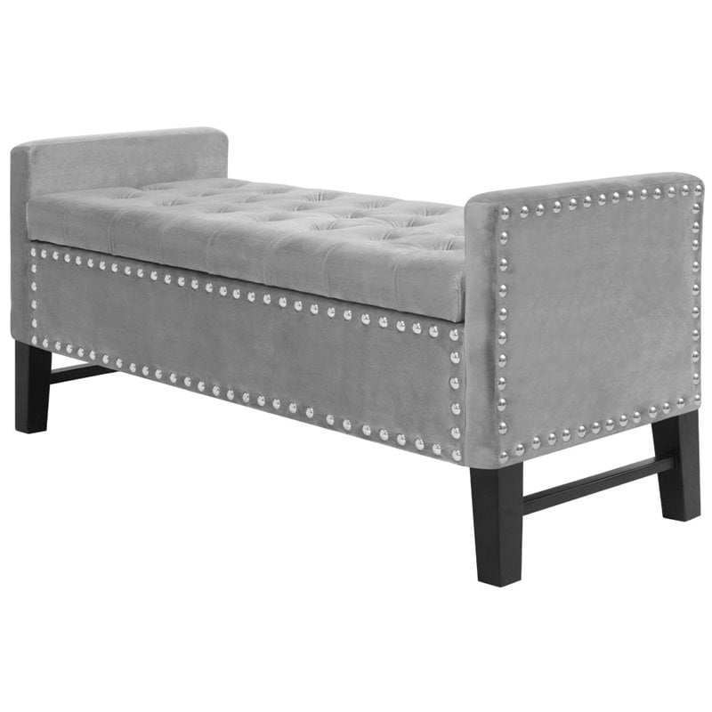 Posh Living Genesis Tufted Velvet Storage Bench with Nailhead Trim in Gray