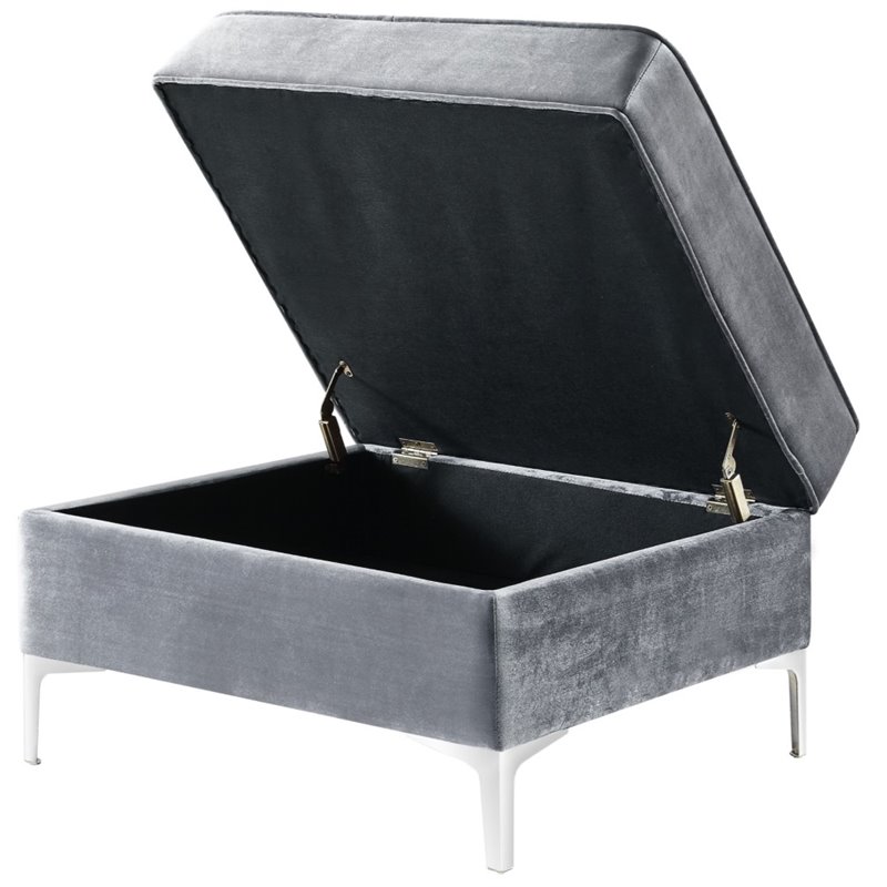 Posh Living Levi Tufted Velvet Square Storage Ottoman with Chrome Legs in Gray
