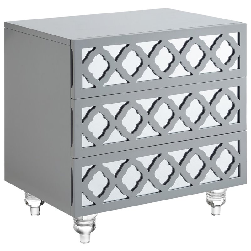 Posh Living Serenity 3-Drawer Mirrored Trellis Pattern Nightstand in Light Gray