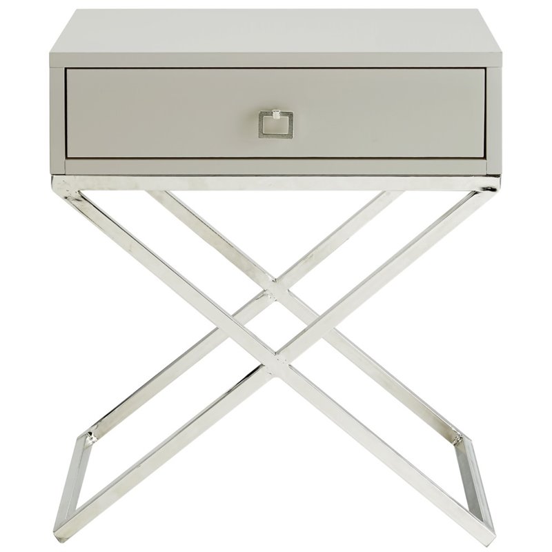 Posh Living Brianna 1-Drawer Nightstand with X-Metal Legs in Gray/Chrome